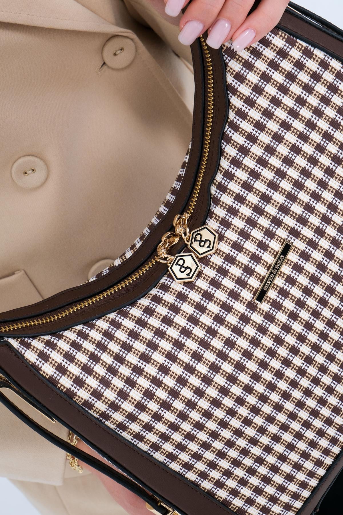 Silver Polo SP1187 Kadın Omuz Çantası Ekose Line Kare Kahve Sarı-Kahve