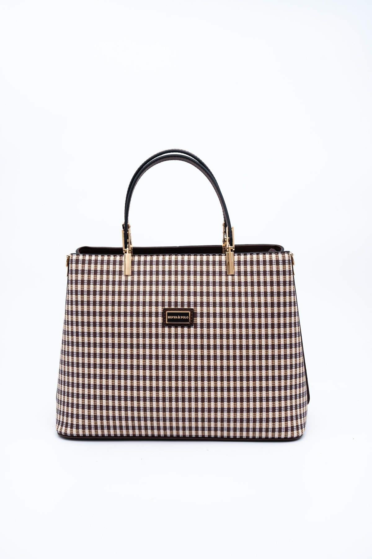 Silver & Polo SP924 Kadın El Çantası Ekose Line Kare Kahve Sarı-Kahve