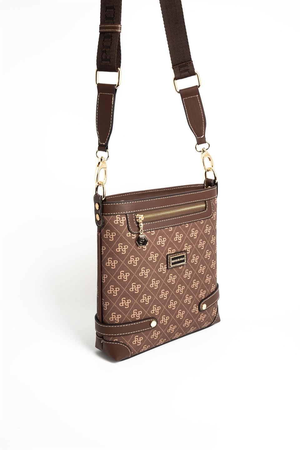 Silver & Polo SP1120 Kadın Çapraz Çanta Monogram Kahve