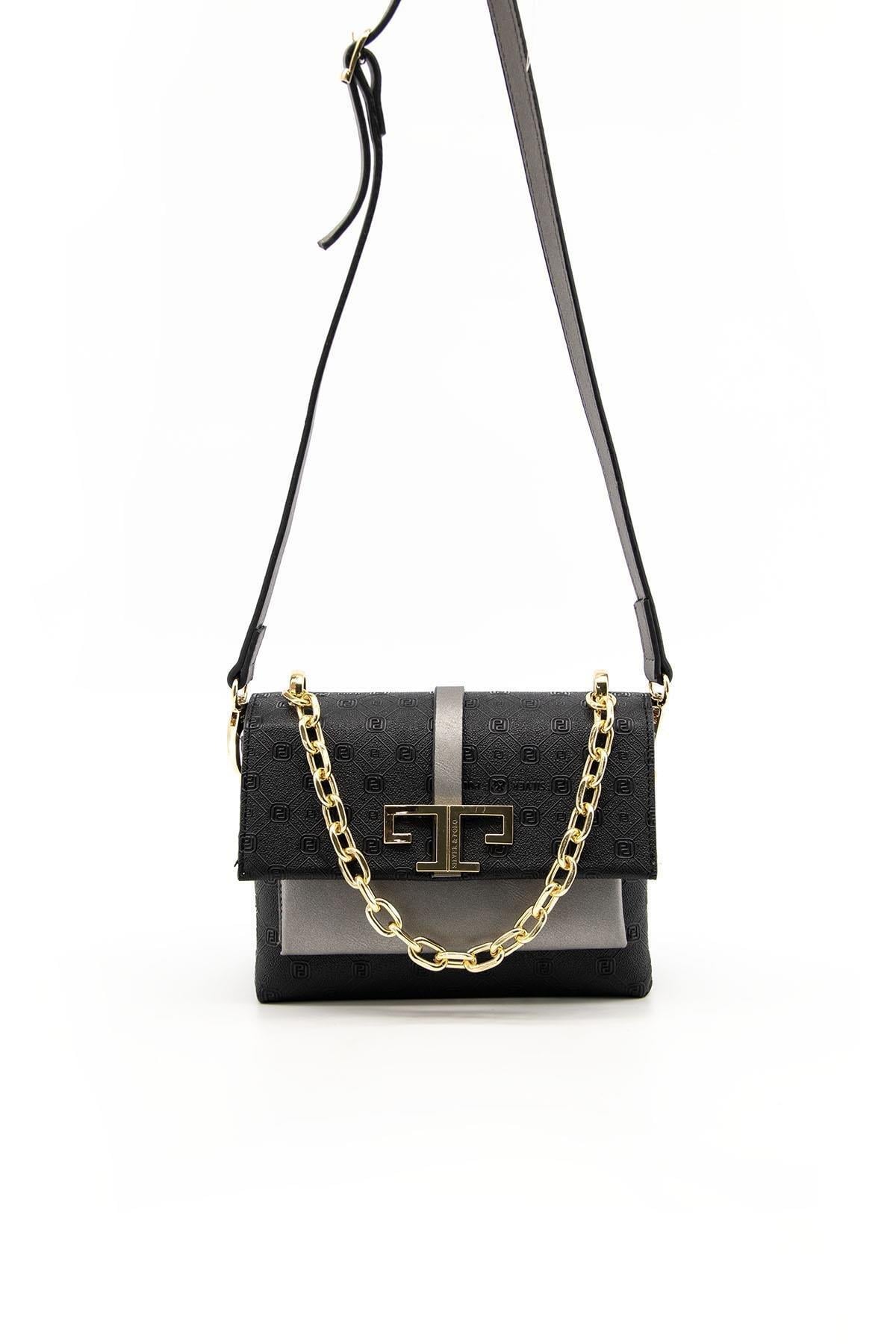 Silver & Polo SP1148 Kadın Çapraz Çanta Logolu Siyah-Platin