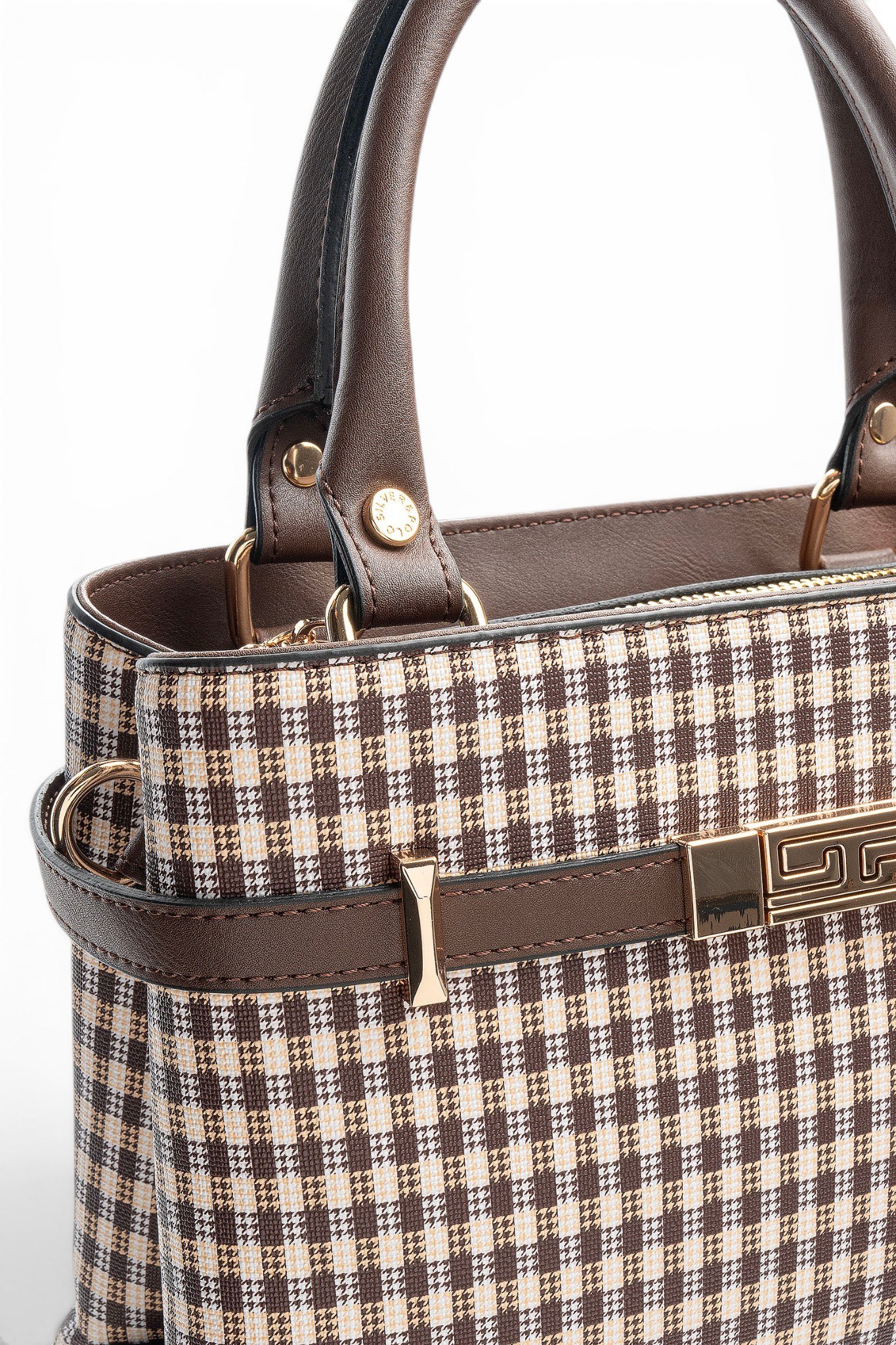 Silver Polo Kahve Sarı - Kahve Ekose Line Kare Kadın El Çantası SP1149
