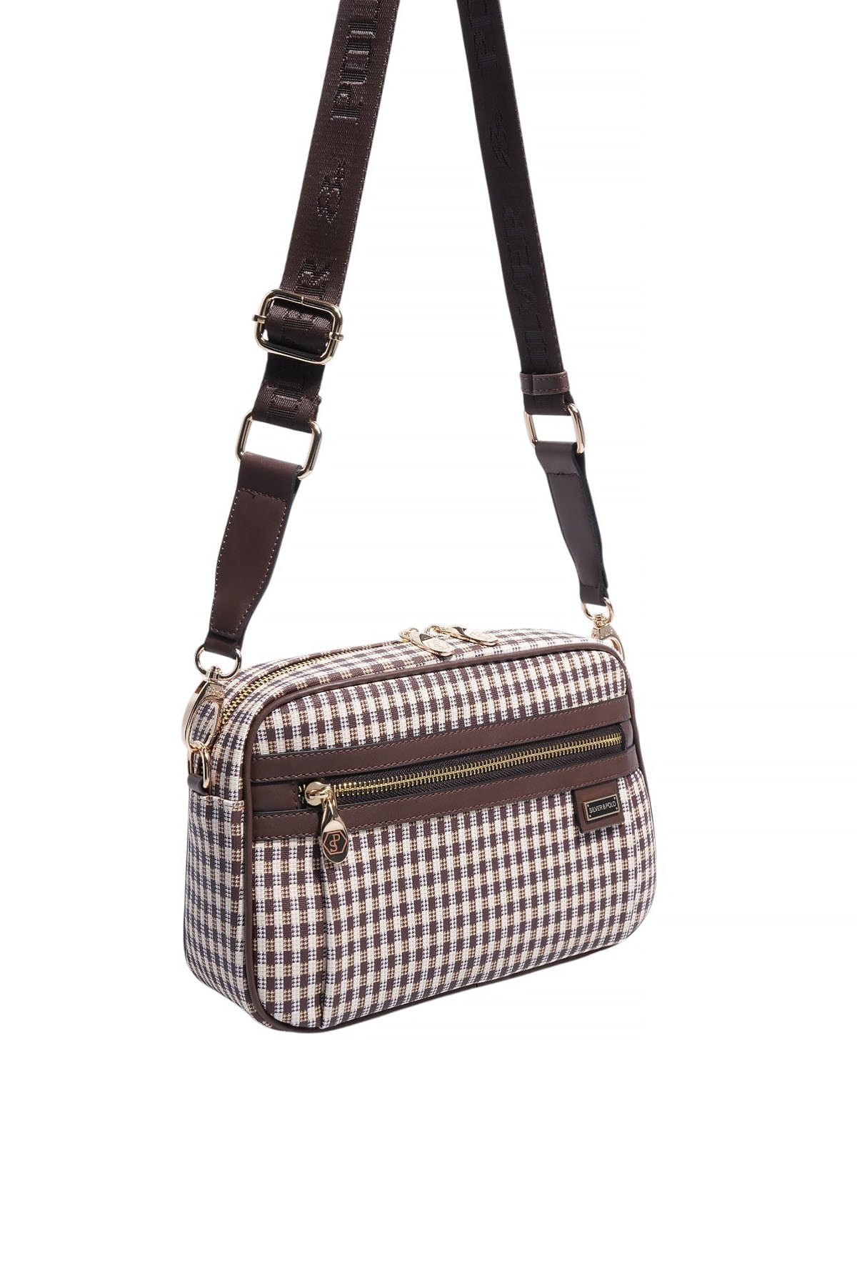 Silver Polo Kahve Sarı - Kahve Ekose Line Kare Kadın Çapraz Çanta SP1280