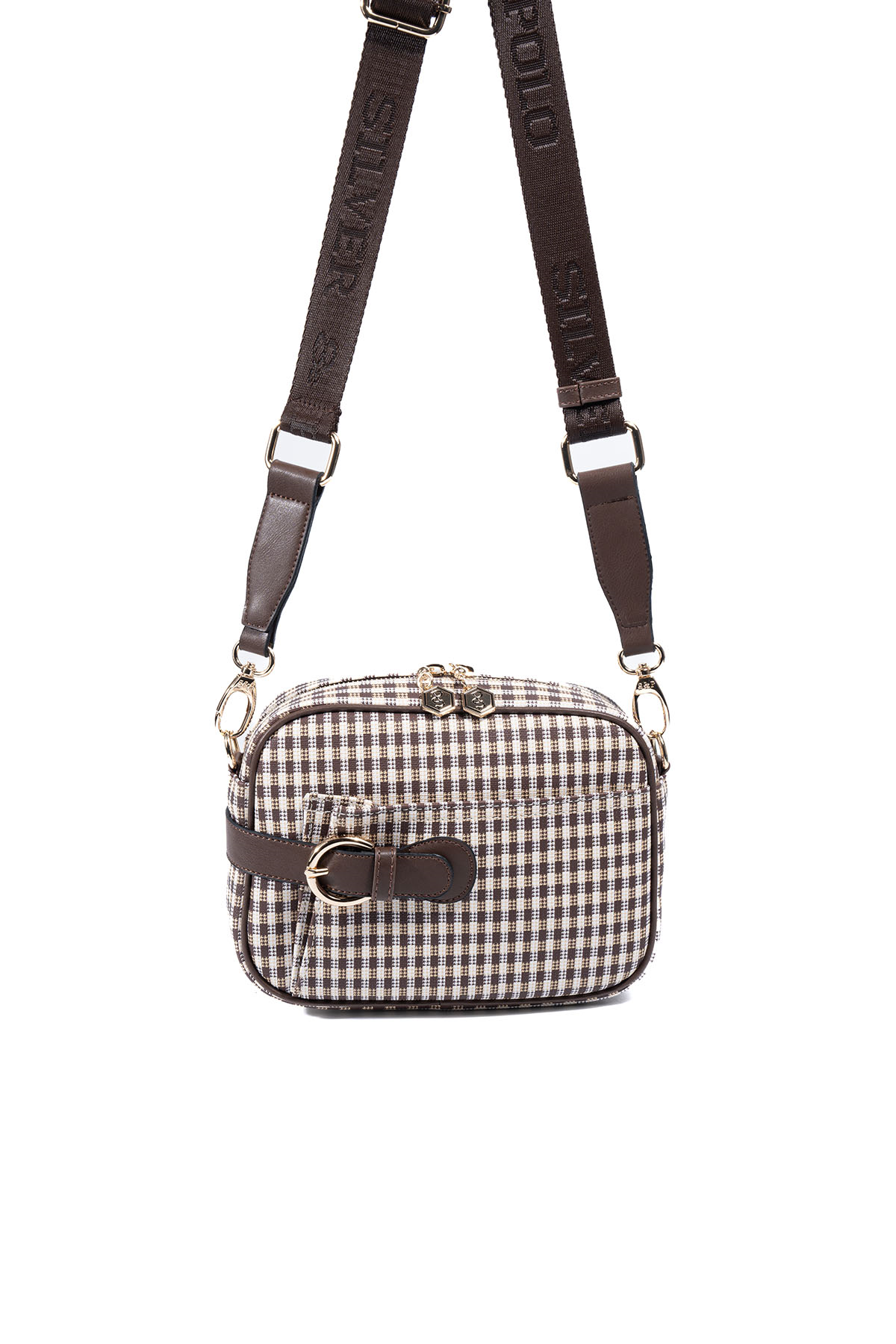 Silver Polo Kahve Sarı - Kahve Ekose Line Kare Kadın Çapraz Çanta SP1256