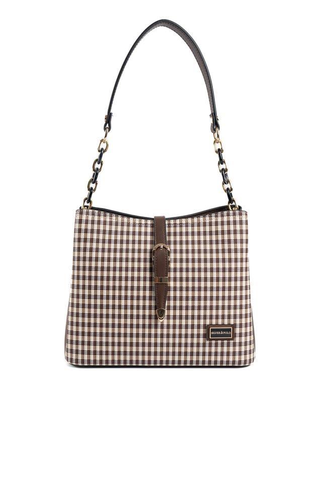 Silver & Polo SP974 Kadın Omuz Çantası Ekose Line Kare Kahve Sarı-Kahve