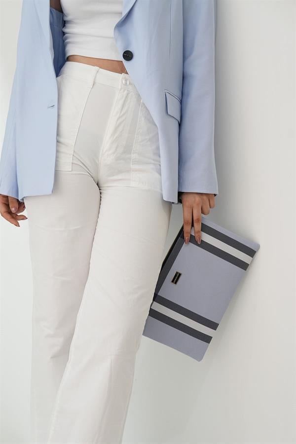 Silver Polo Mavi - Kemik Ekose Kadın Portföy ve Clutch El Çantası SP1034