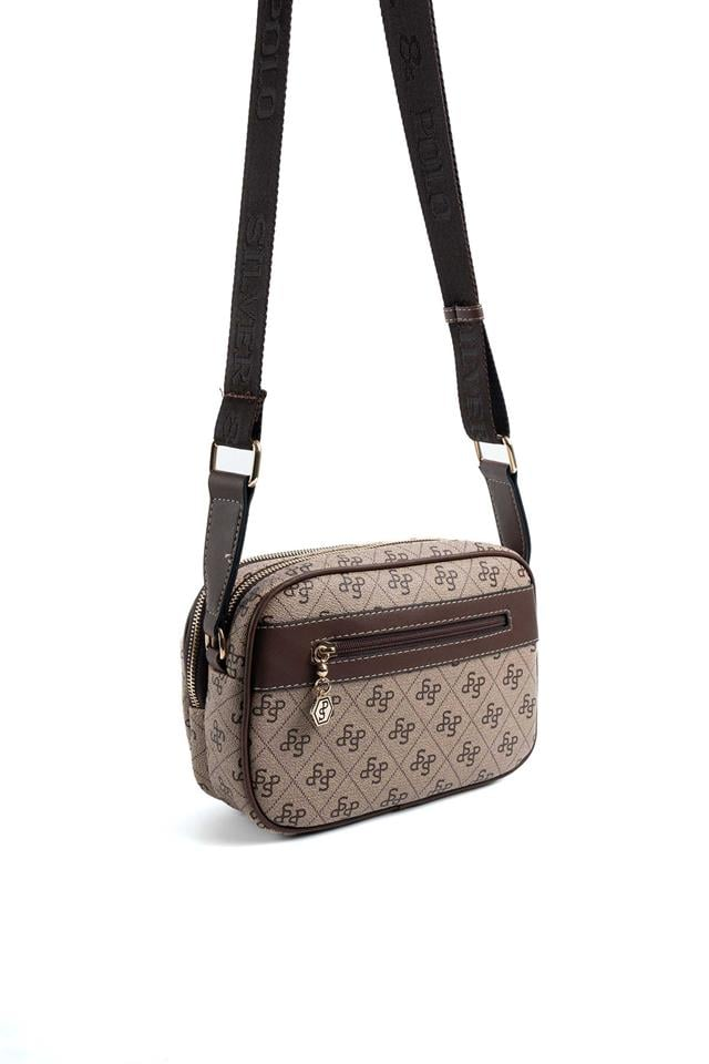 Silver Polo SP1162 Kadın Çapraz Çanta Monogram Koyubej-Kahve