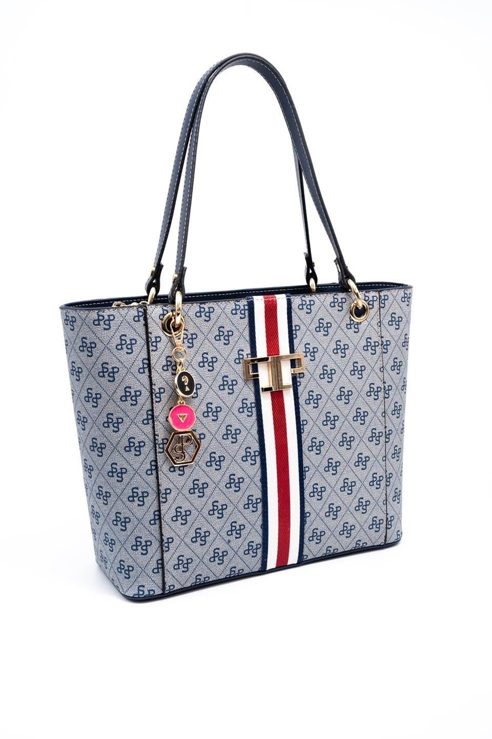 Silver & Polo SP1176 Kadın Omuz Çantası Şeritli Monogram Gri-Lacivert