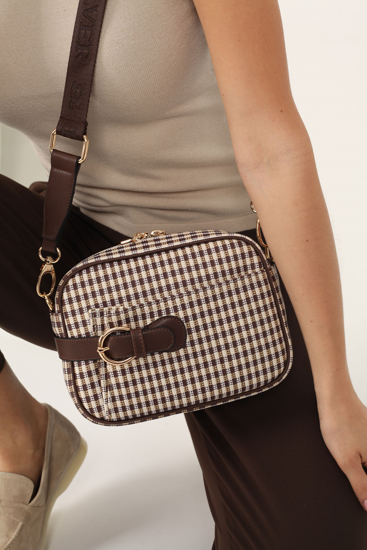 Silver Polo Kahve Sarı - Kahve Ekose Line Kare Kadın Çapraz Çanta SP1256