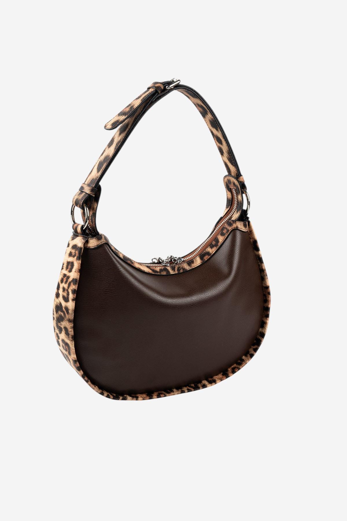 Silver Polo Kahve - Leopar Taba Düz Kadın Omuz Çantası SP1263