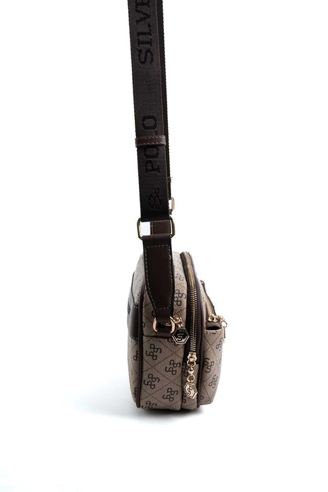 Silver Polo SP1162 Kadın Çapraz Çanta Monogram Koyubej-Kahve
