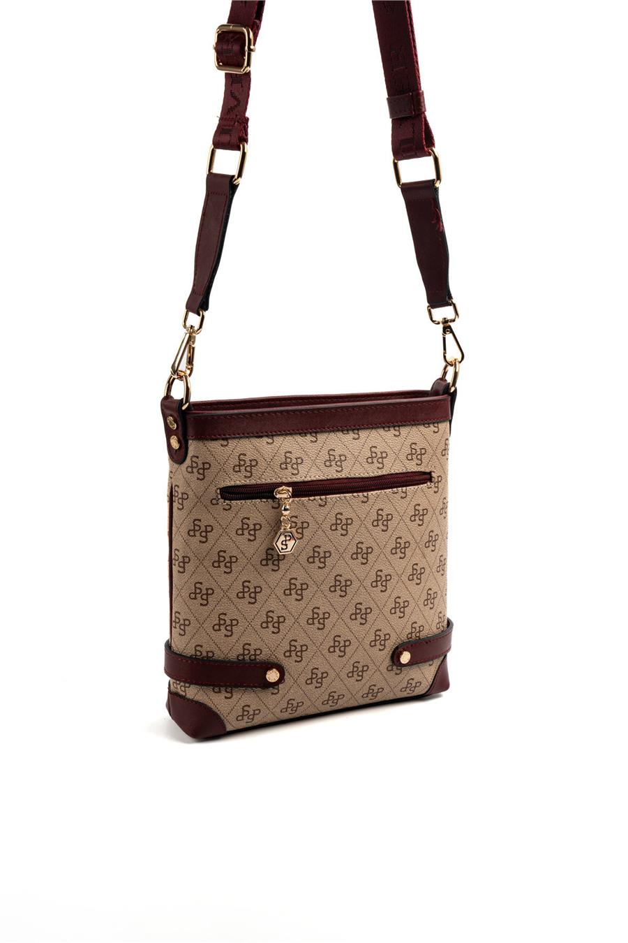 Silver Polo Koyu Bej - Bordo Monogram Kadın Çapraz Çanta SP1120