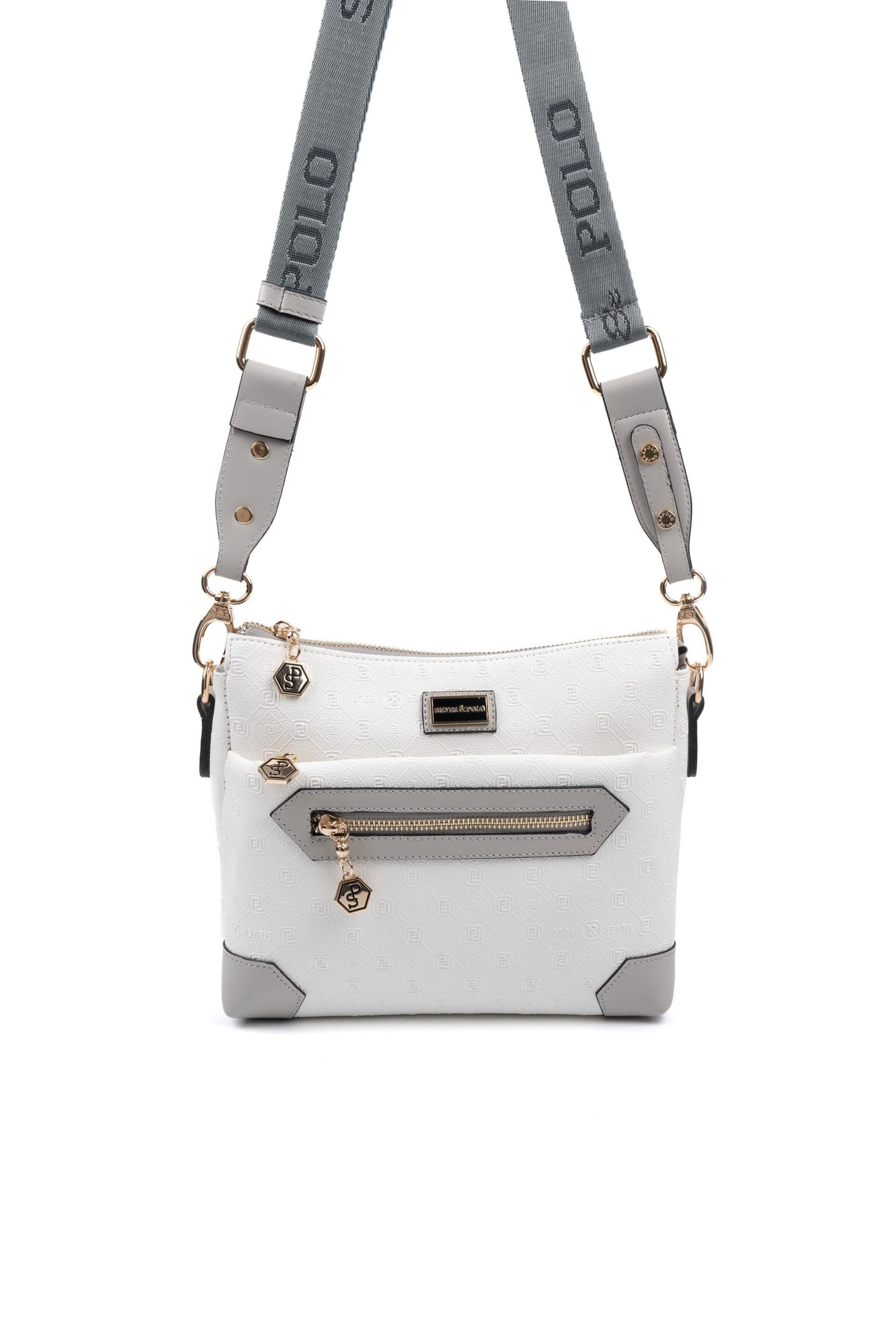Silver & Polo SP1110 Kadın Çapraz Çanta Logolu Beyaz-A.Gri