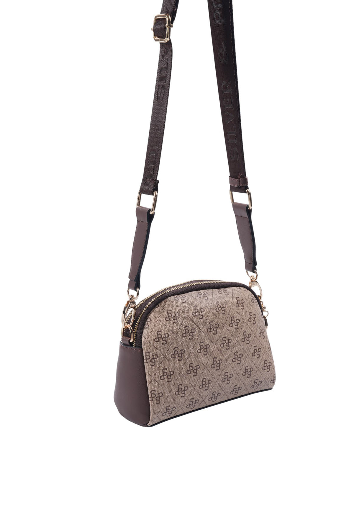 Silver Polo Koyu Bej - Kahve Monogram Kadın Çapraz Çanta SP1144