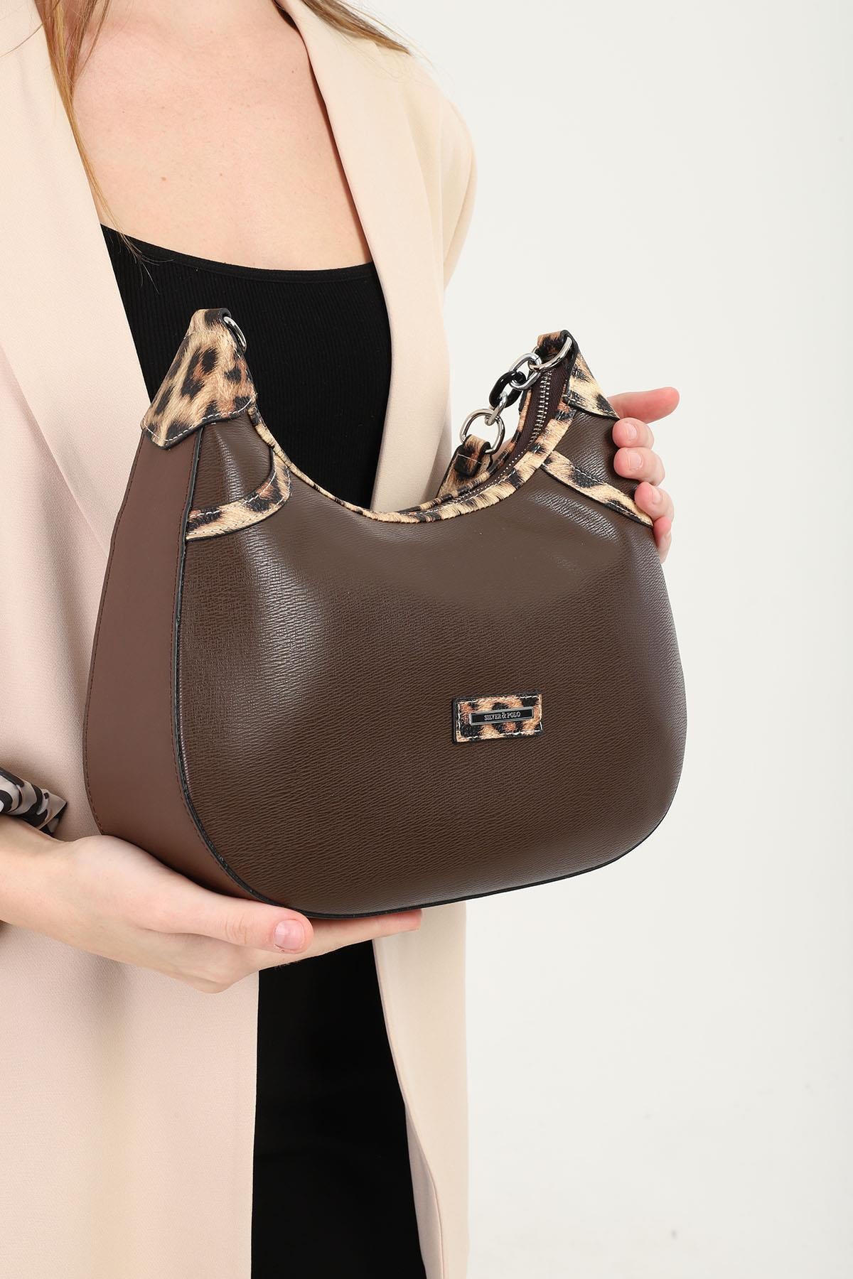 Silver Polo SP1255 Kadın Omuz Çantası Düz Kahve-Leopar Taba-Kahve