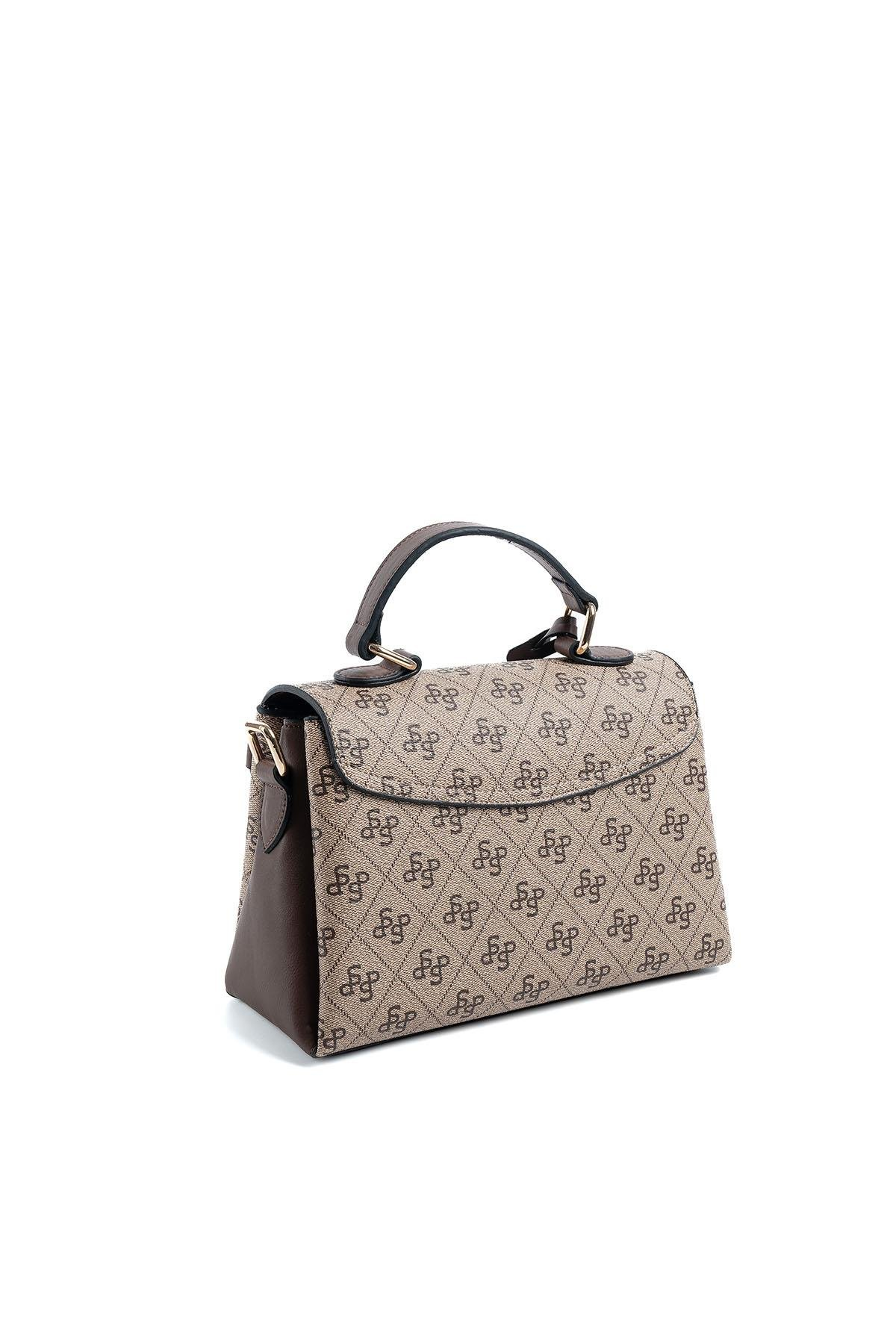 Silver & Polo SP1159 Kadın El Çantası Monogram Koyubej-Kahve