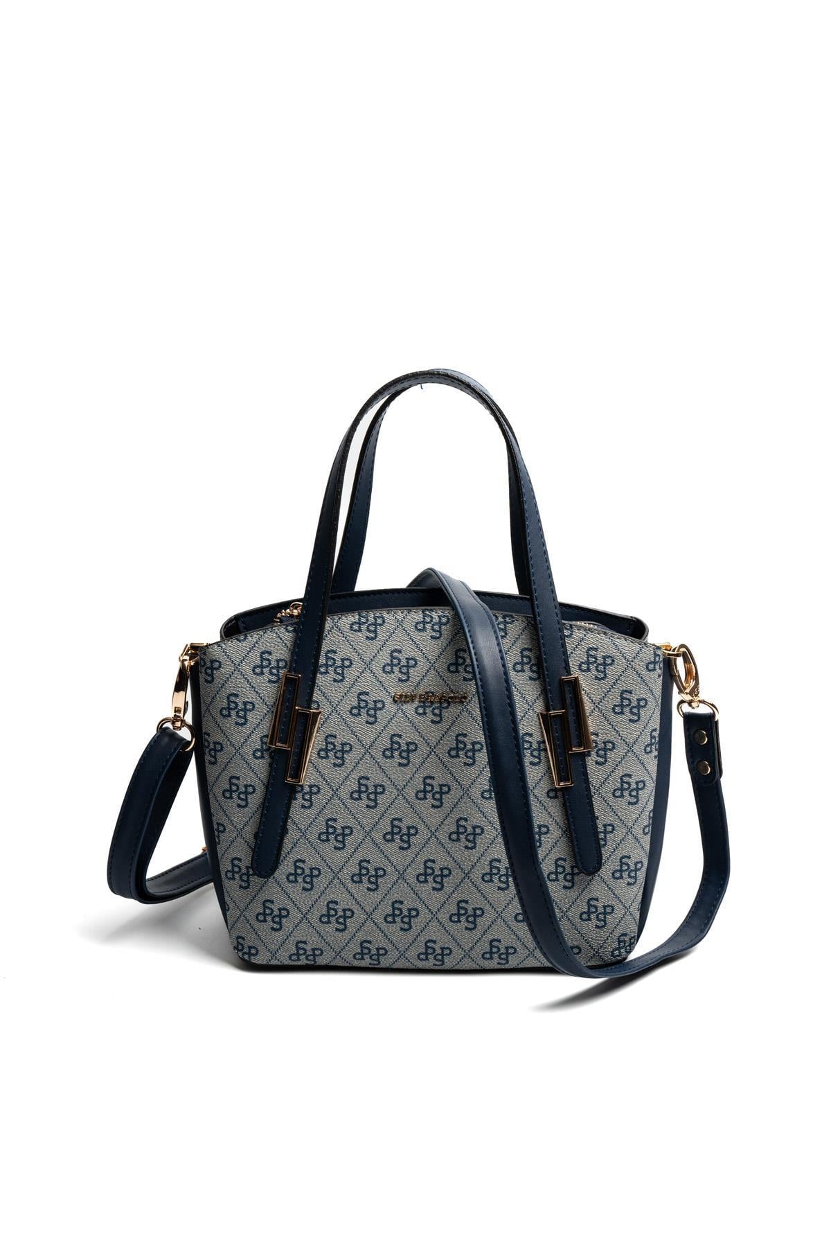 Silver & Polo SP1021 Kadın El Çantası Monogram Gri-Lacivert