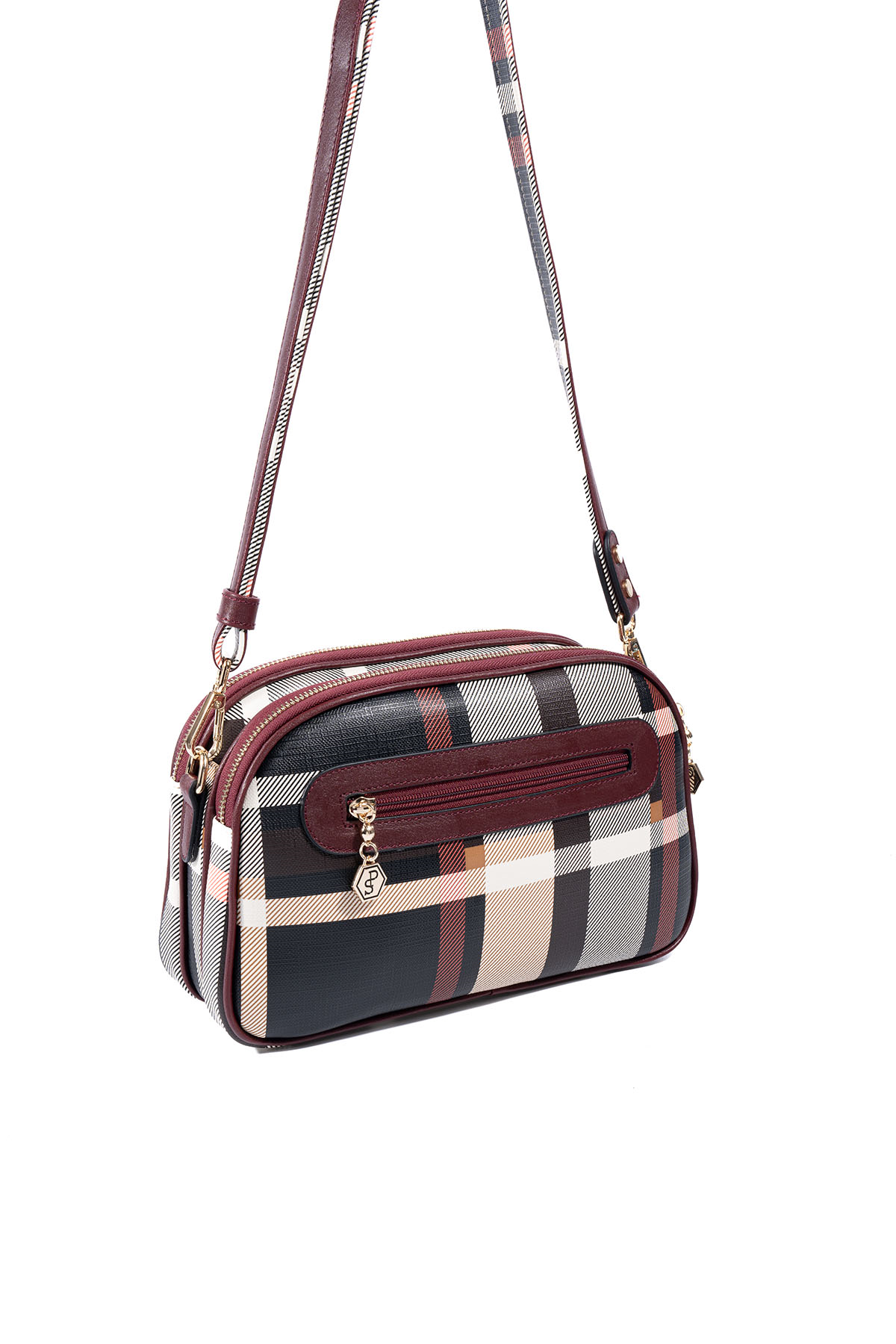Silver & Polo SP745 Kadın Çapraz Çanta Ekose Siyah-Bordo