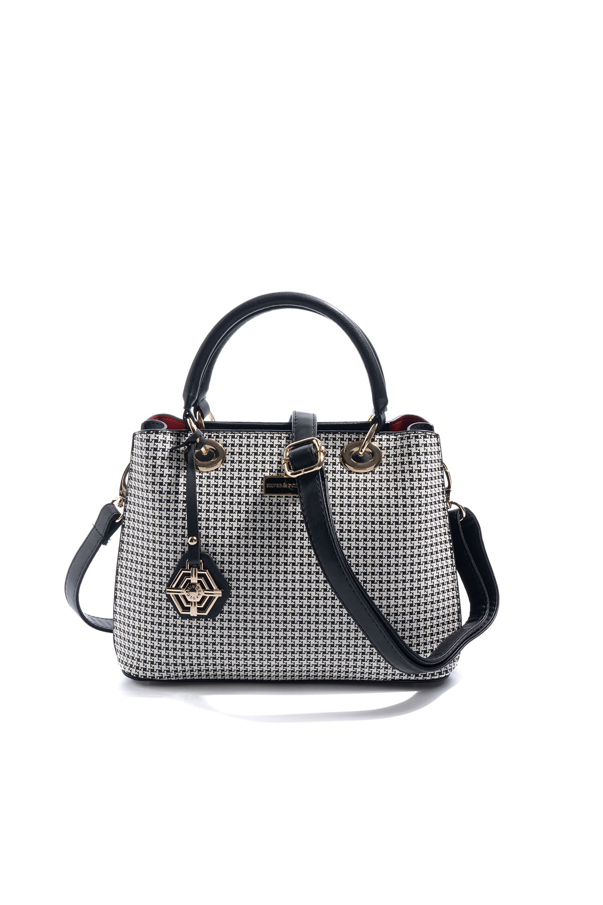 Silver Polo Siyah - Siyah Kaz Ayağı Ekose Kadın El Çantası SP1272