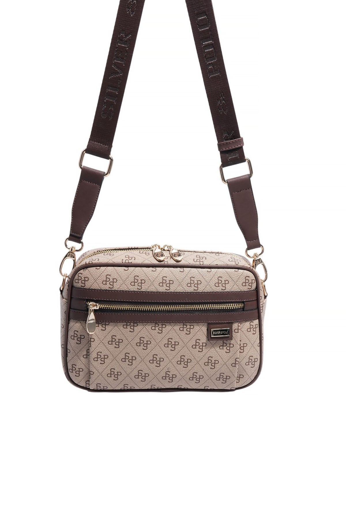 Silver Polo Koyu Bej - Kahve Monogram Kadın Çapraz Çanta SP1280