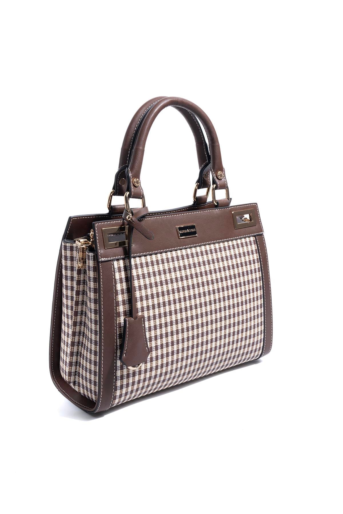 Silver Polo SP1174 Kadın El Çantası Ekose Line Kare Kahve Sarı-Kahve
