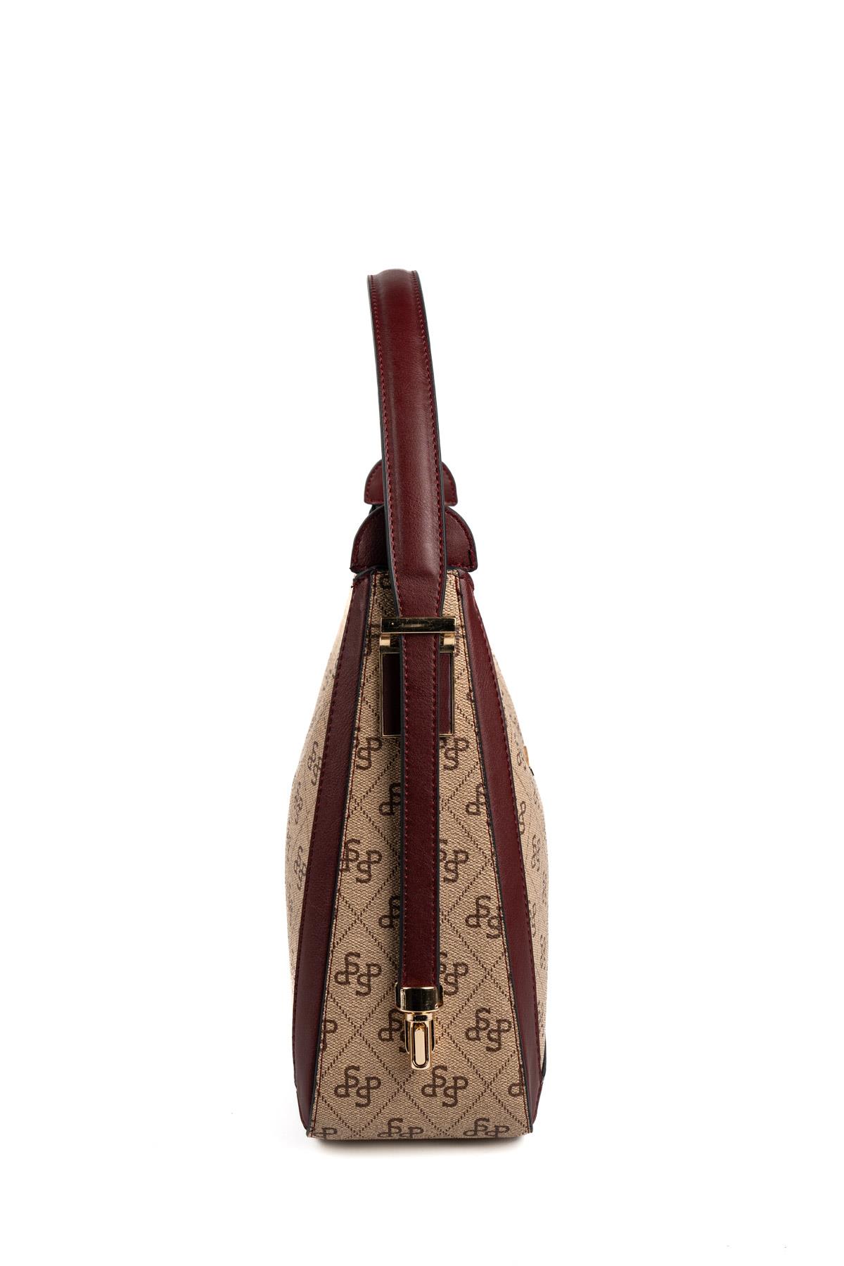 Silver Polo SP1187 Kadın Omuz Çantası Monogram Koyu Bej-Bordo