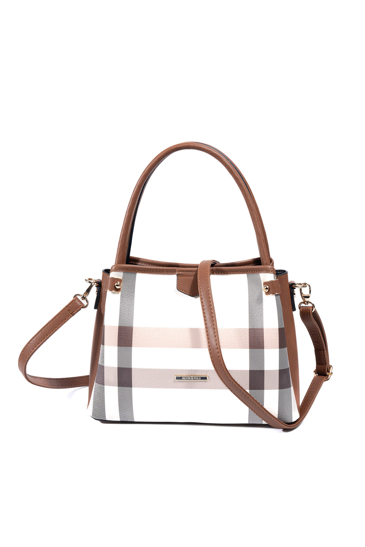 Silver & Polo SP1254 Kadın El Çantası Ekose Krem-Taba