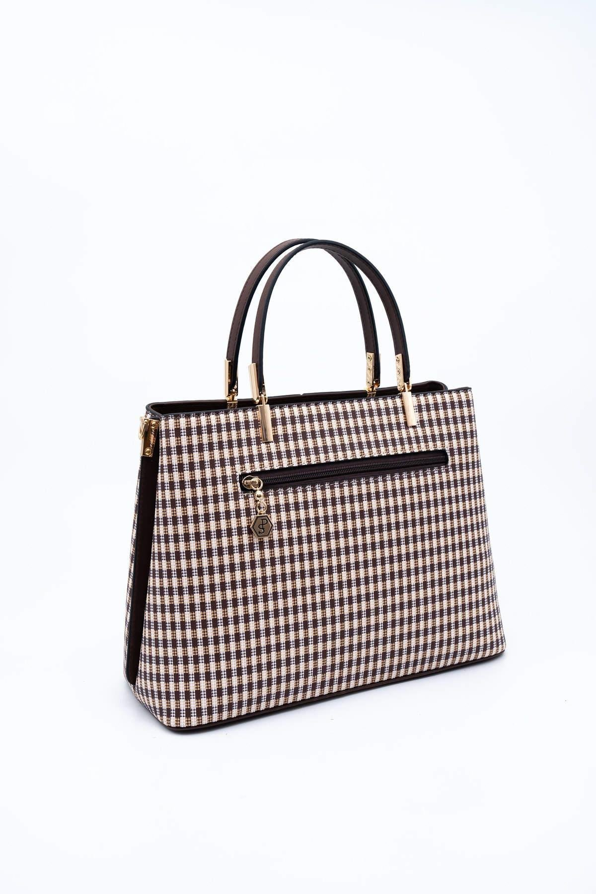 Silver & Polo SP924 Kadın El Çantası Ekose Line Kare Kahve Sarı-Kahve