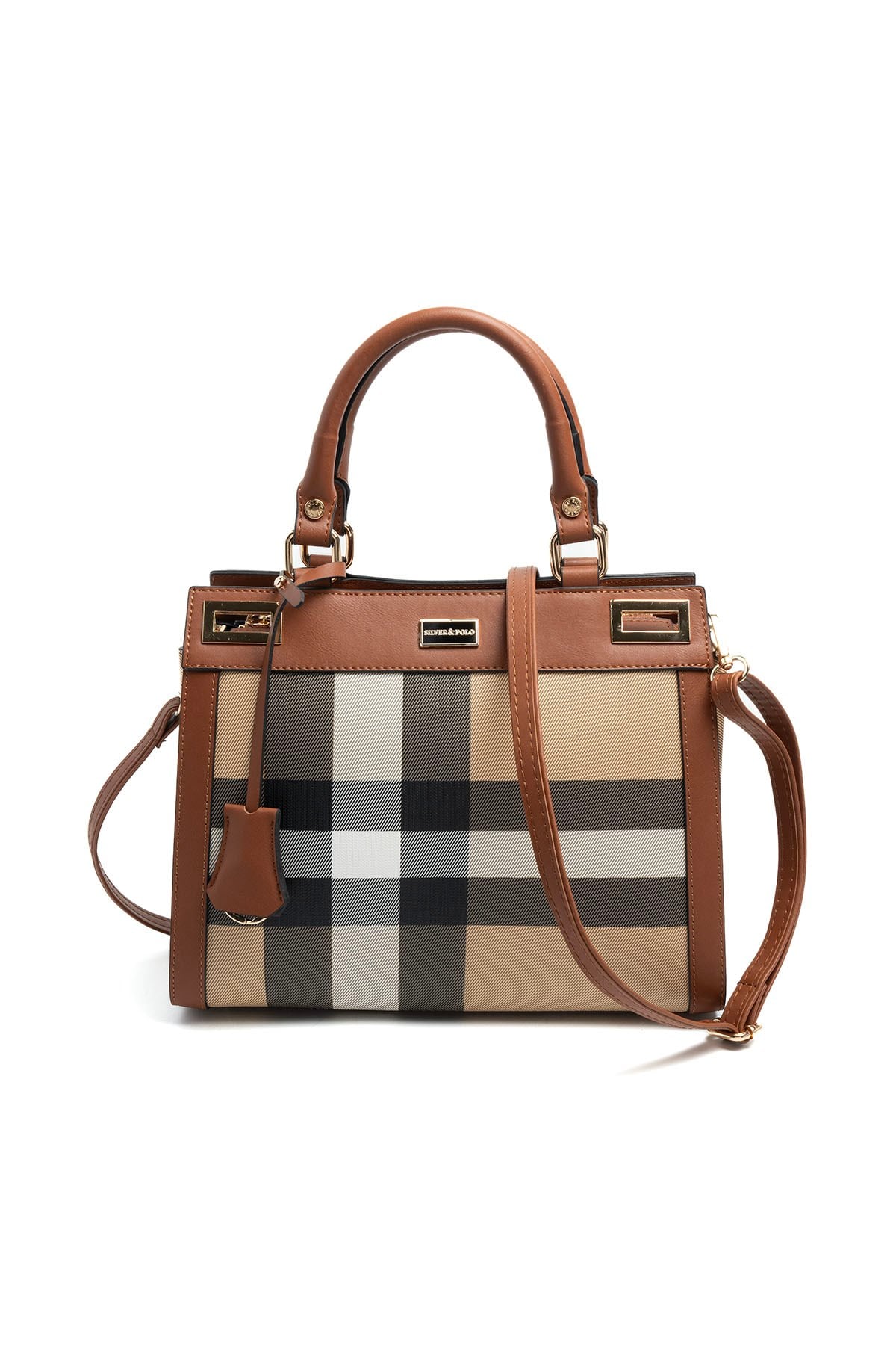 Silver & Polo SP1174 Kadın El Çantası Ekose Bej-Taba