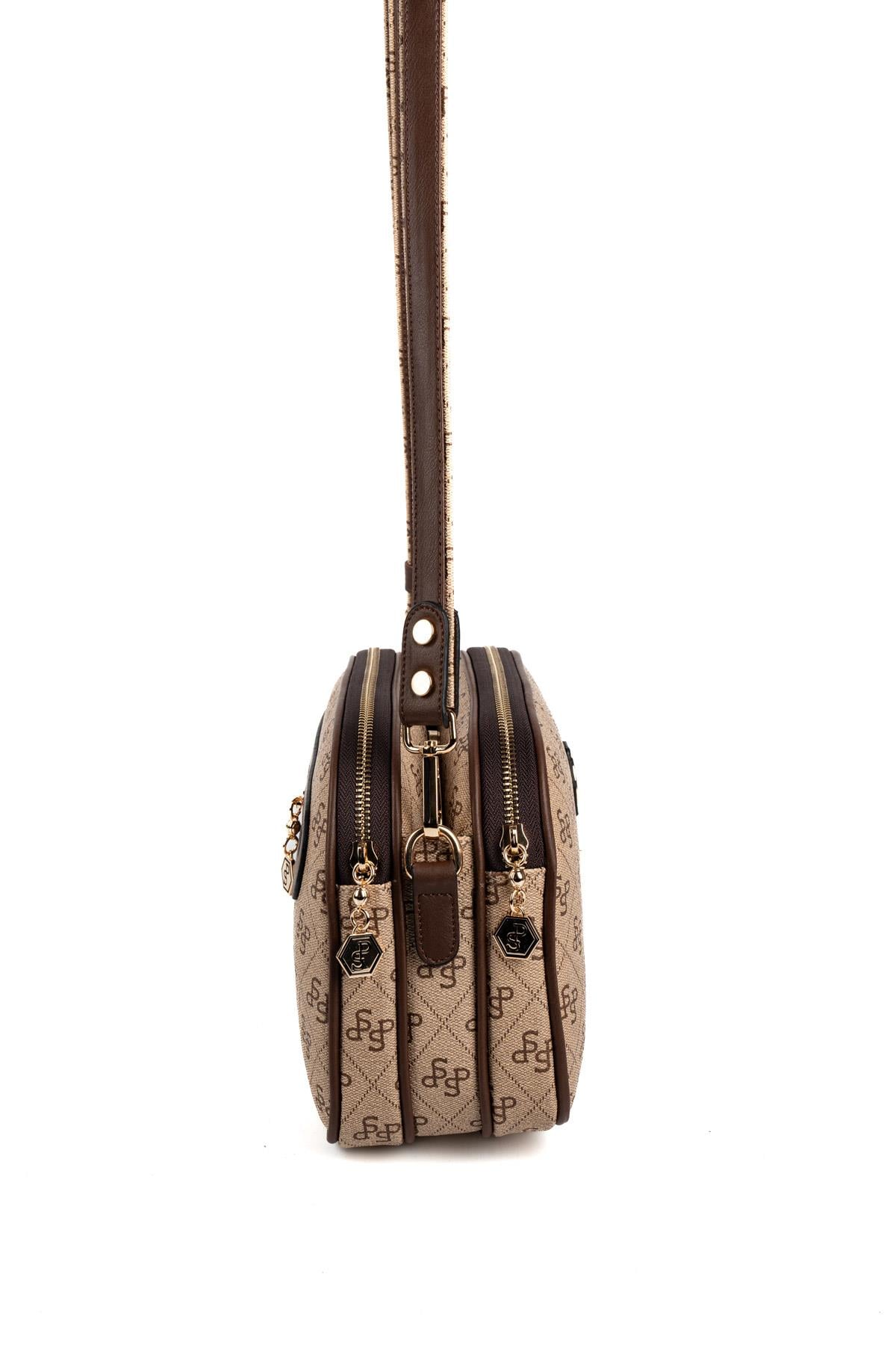 Silver Polo Koyu Bej - Kahve Monogram Kadın Çapraz Çanta SP745