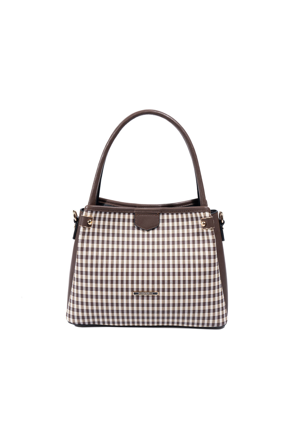 Silver Polo Kahve Sarı - Kahve Ekose Line Kare Kadın El Çantası SP1254