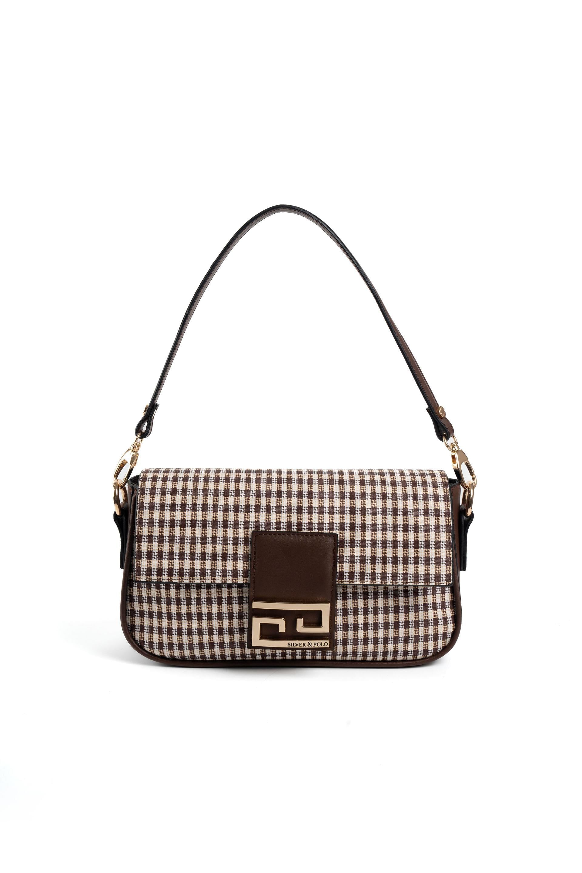 Silver Polo Kahve Sarı - Kahve Ekose Line Kare Kadın Omuz Çantası SP1179
