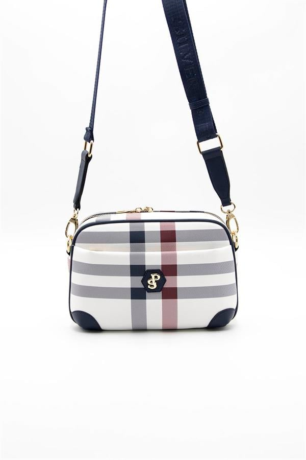 Silver & Polo SP1094 Kadın Çapraz Çanta Ekose Beyaz-Lacivert