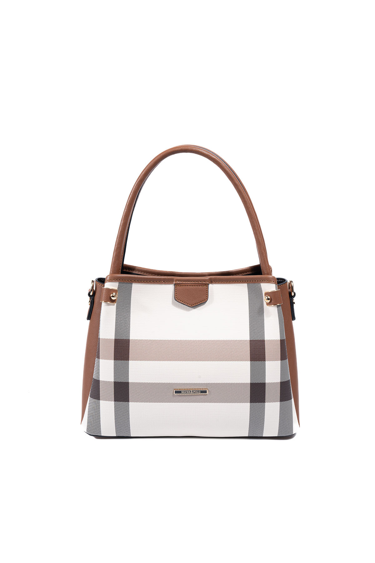 Silver & Polo SP1254 Kadın El Çantası Ekose Krem-Taba
