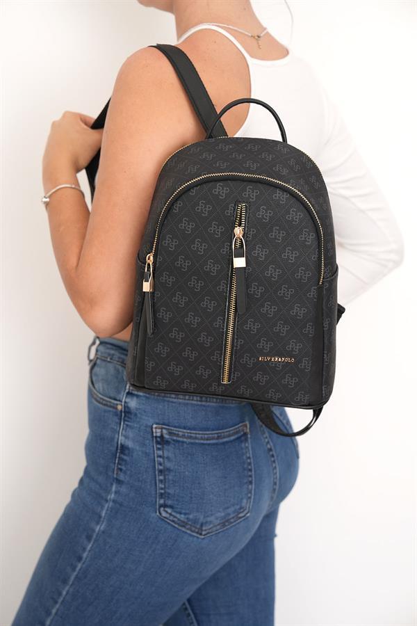 Silver & Polo SP901 Kadın Sırt Çantası Monogram Siyah