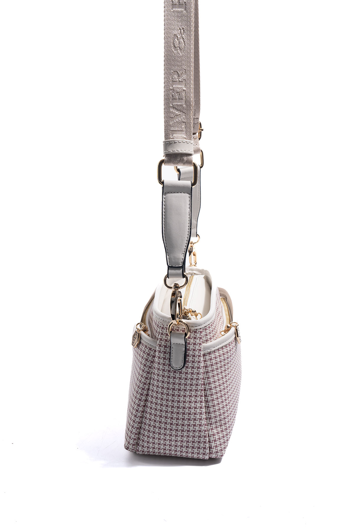 Silver Polo SP1184 Kadın Çapraz Çanta Kaz Ayağı Ekose Bordo-Kemik