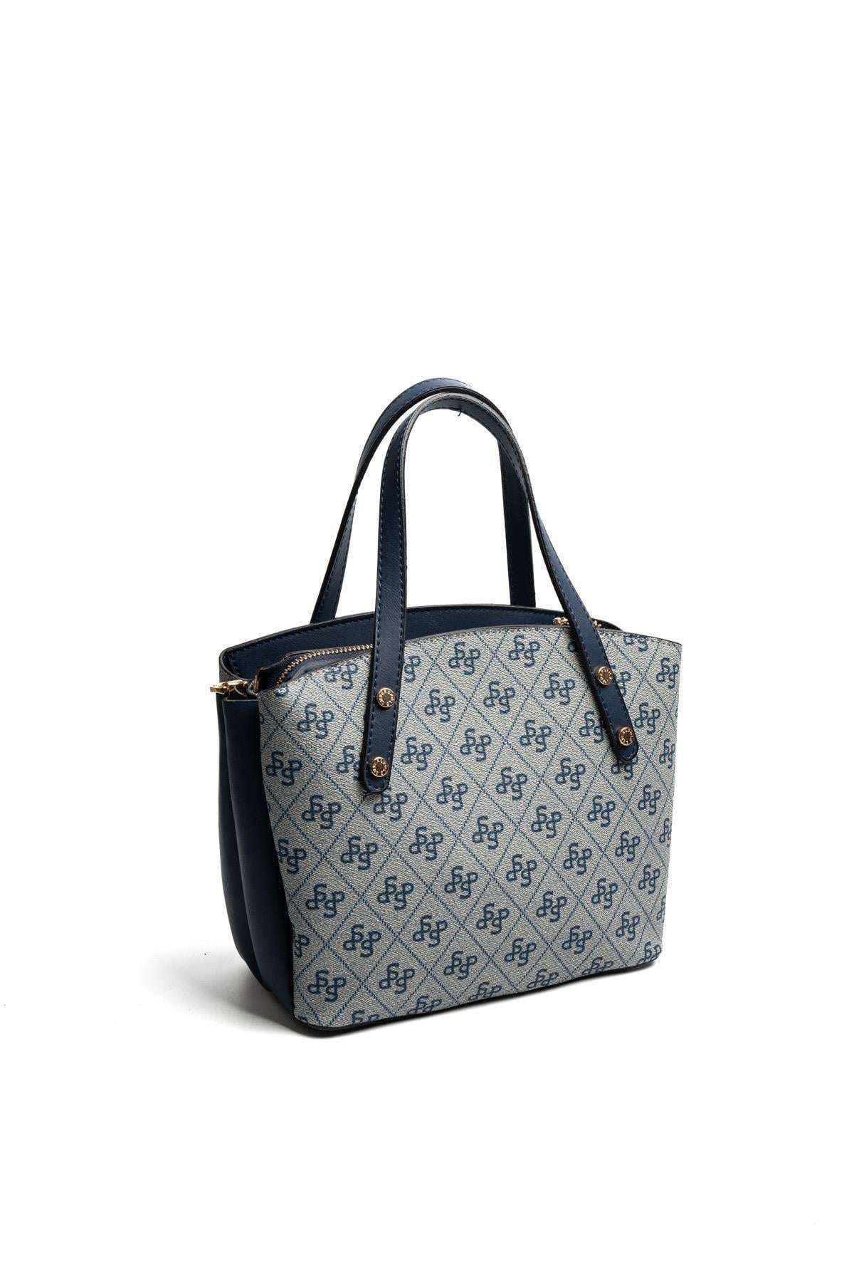 Silver & Polo SP1021 Kadın El Çantası Monogram Gri-Lacivert