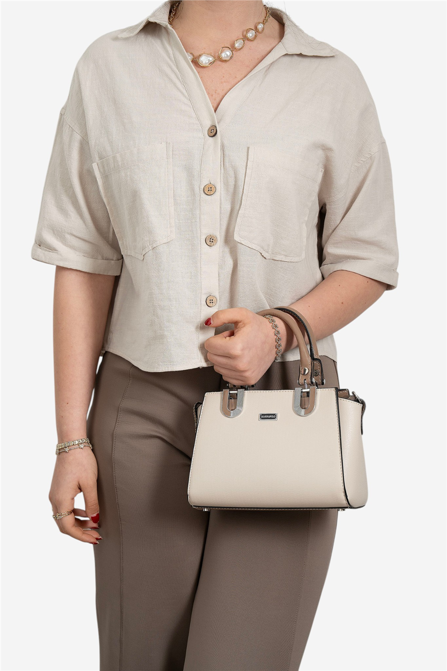 Silver Polo Bej - Latte Düz Kadın El Çantası SP1281