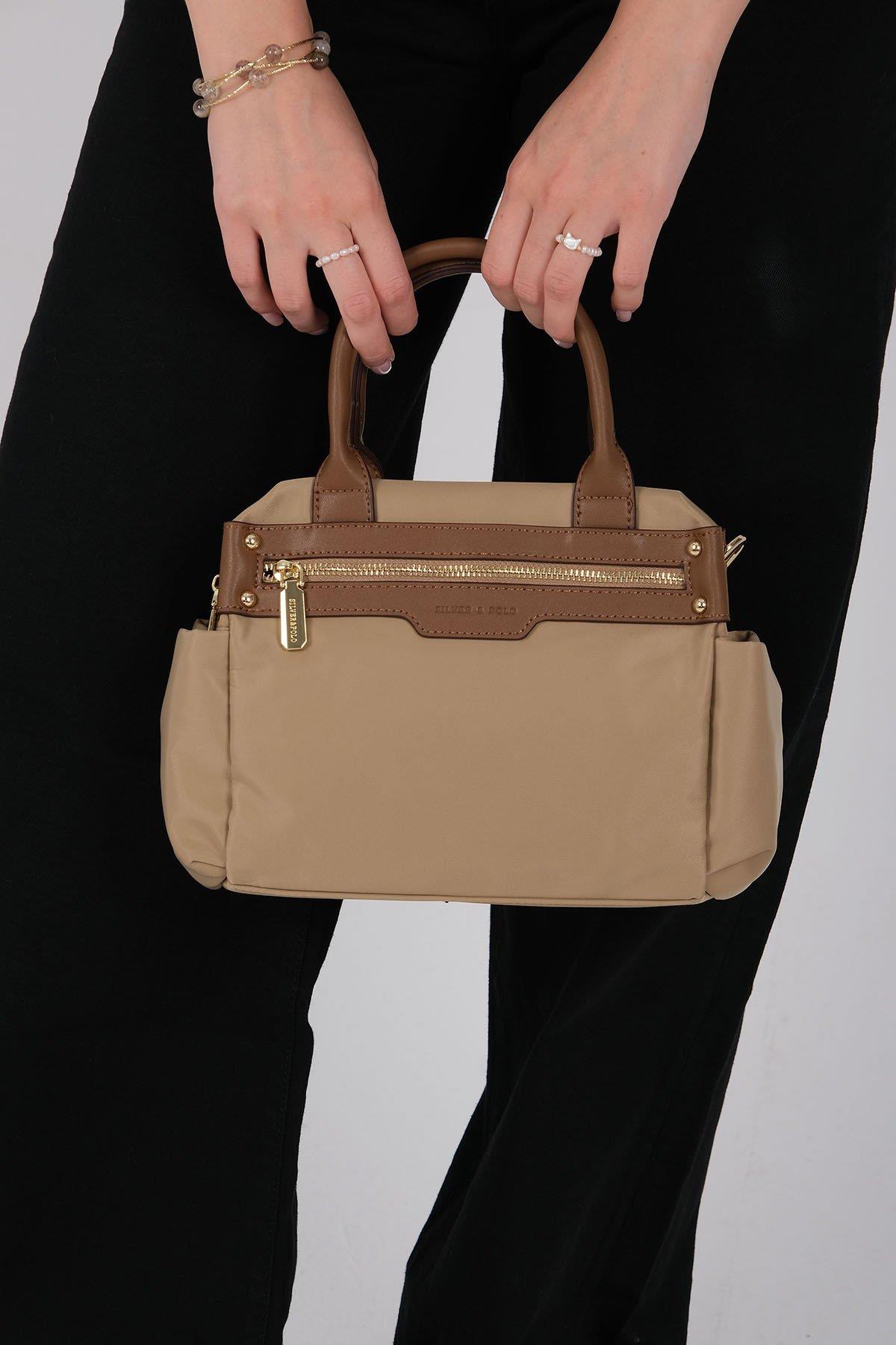 Silver Polo Vizon - Camel Saten Kadın El Çantası SP1219