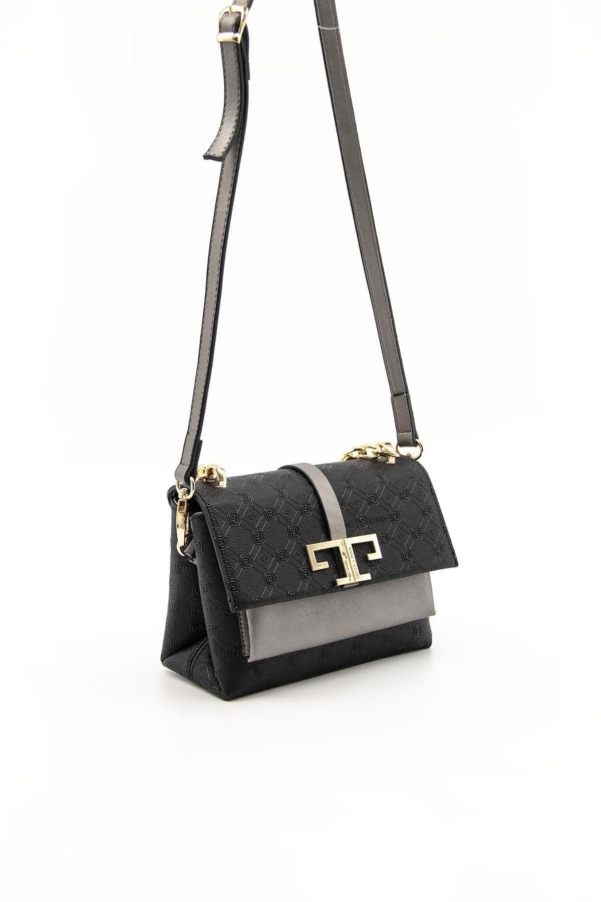 Silver & Polo SP1148 Kadın Çapraz Çanta Logolu Siyah-Platin