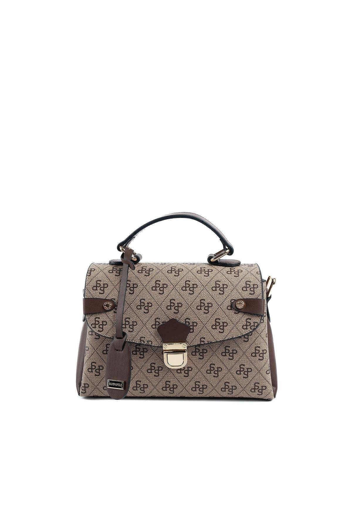 Silver & Polo SP1159 Kadın El Çantası Monogram Koyubej-Kahve