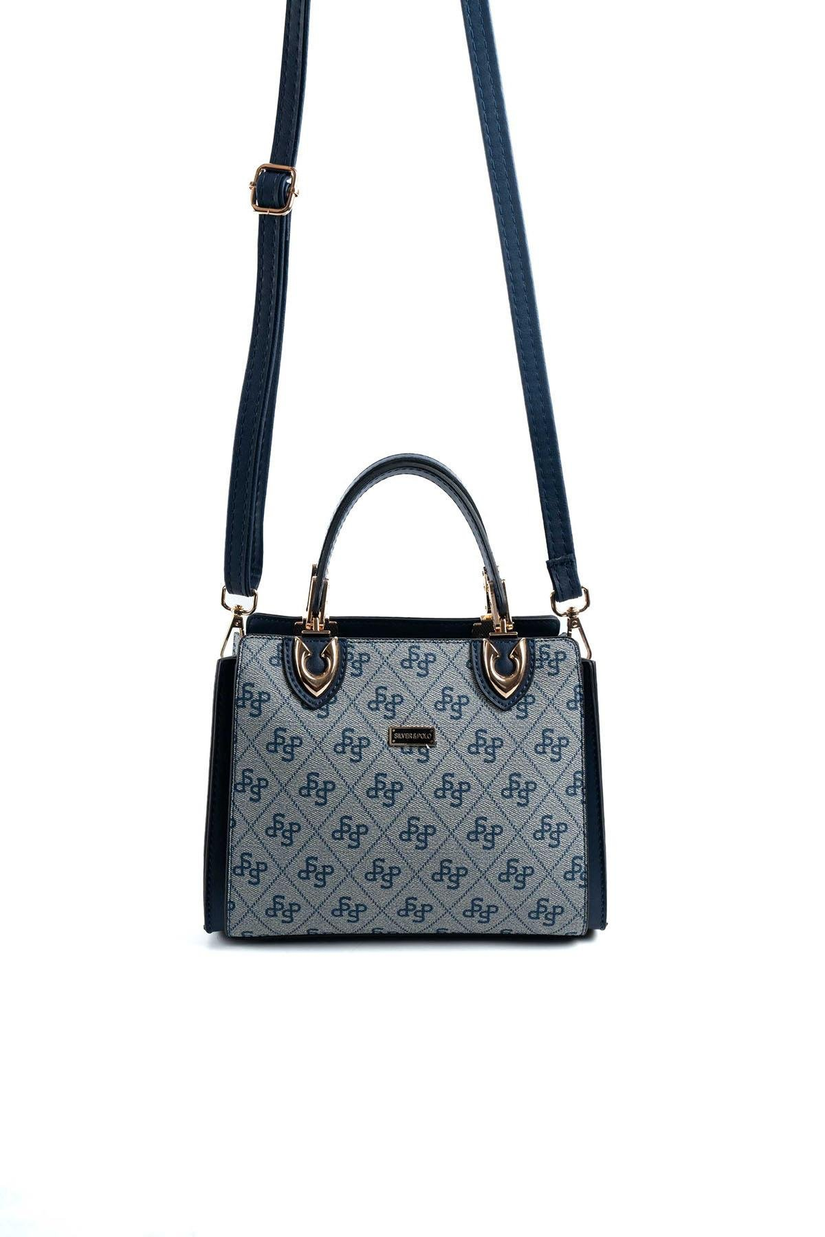 Silver & Polo SP1133 Kadın El Çantası Monogram Gri-Lacivert