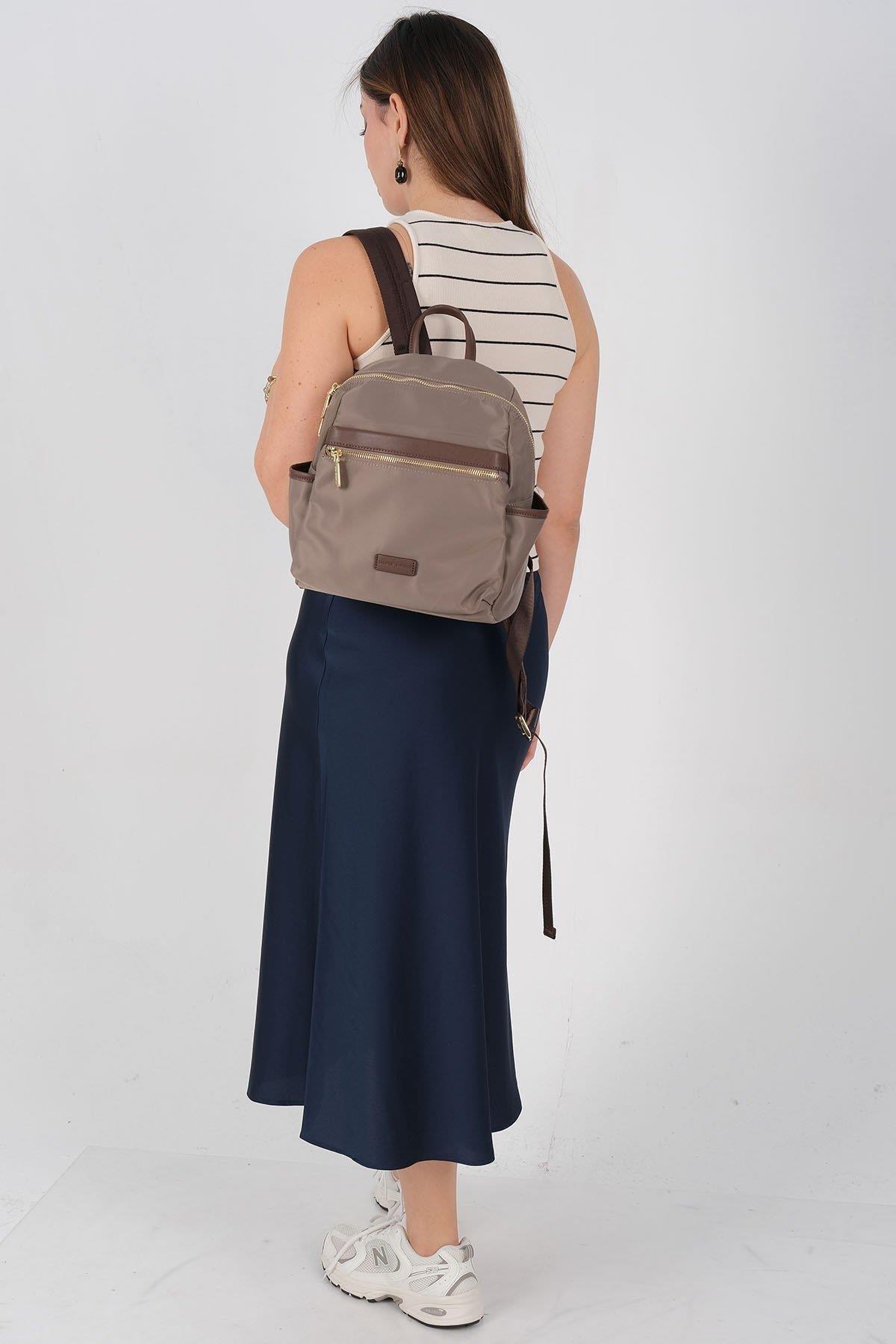 Silver Polo Kum - Kahve Saten Kadın Sırt Çantası SP1209