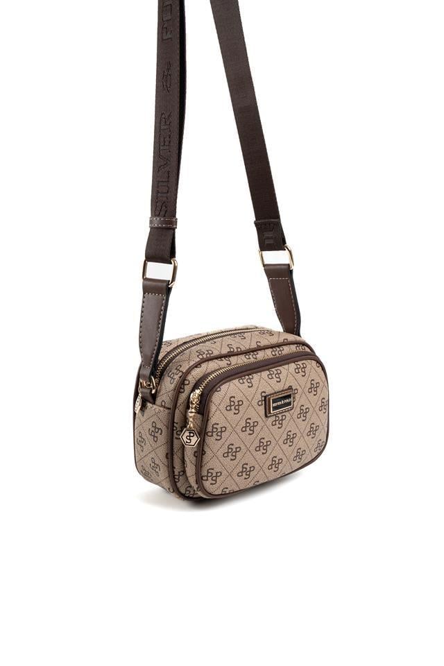 Silver & Polo SP1111 Kadın Çapraz Çanta Monogram Koyubej-Kahve