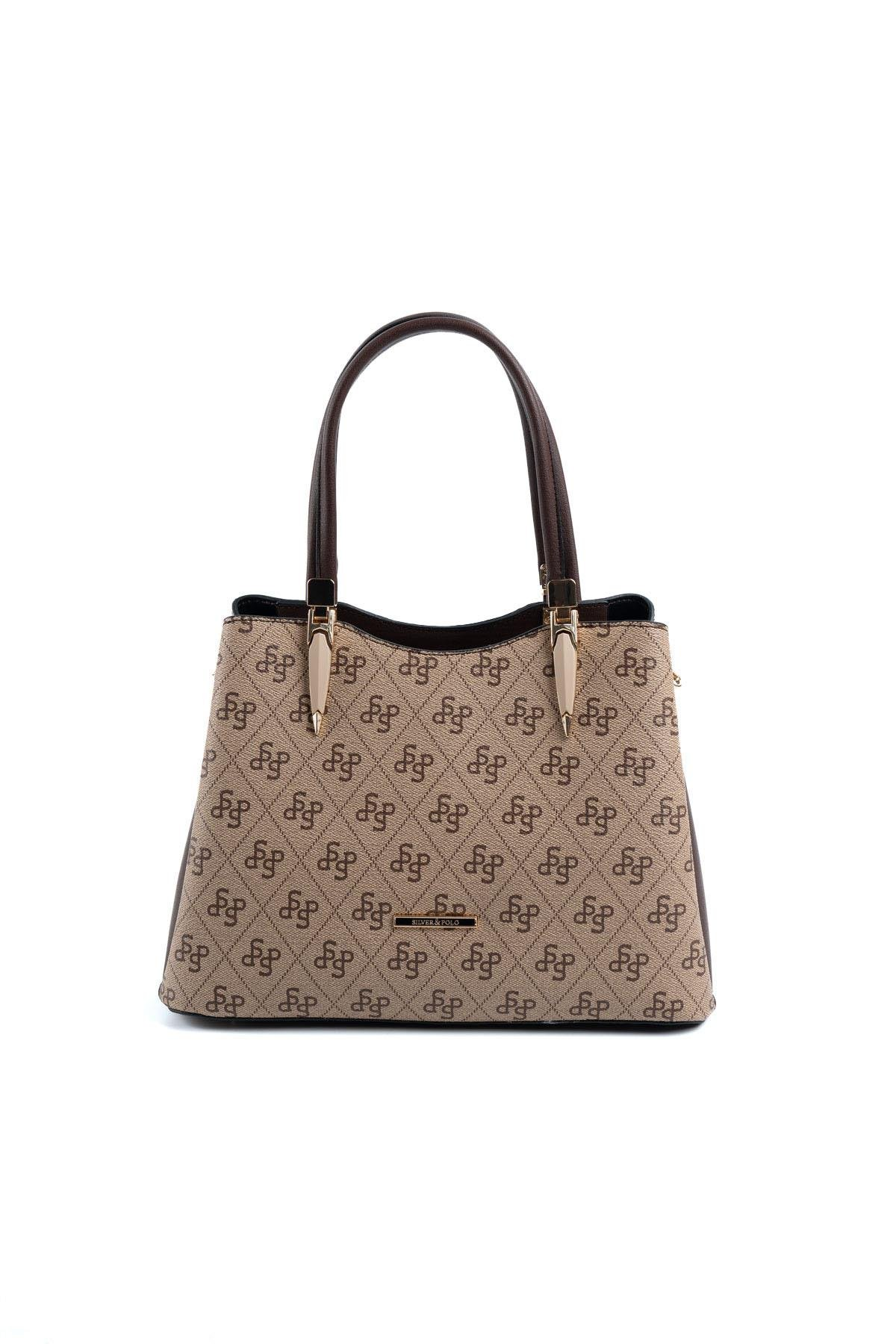 Silver & Polo SP1205 Kadın El Çantası Monogram Koyubej-Kahve