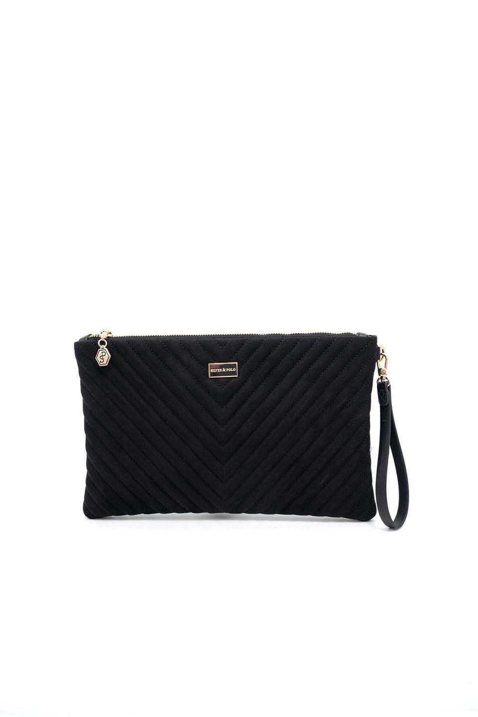 Silver Polo SP1034 Kadın Portföy & Clutch Kapitone V Süet Siyah-Süet Siyah