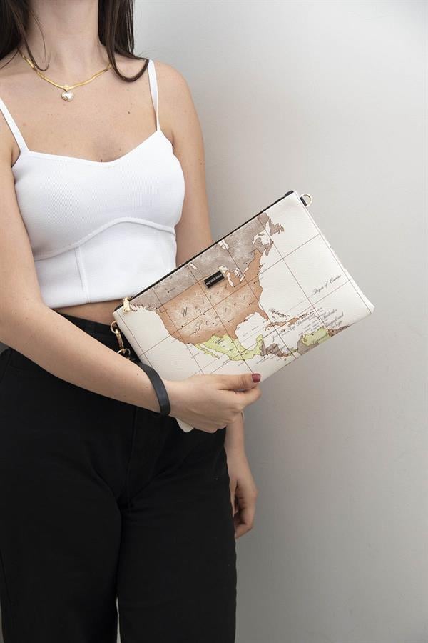 Silver Polo Bej - A.Taba Harita Kadın Portföy ve Clutch El Çantası SP1034