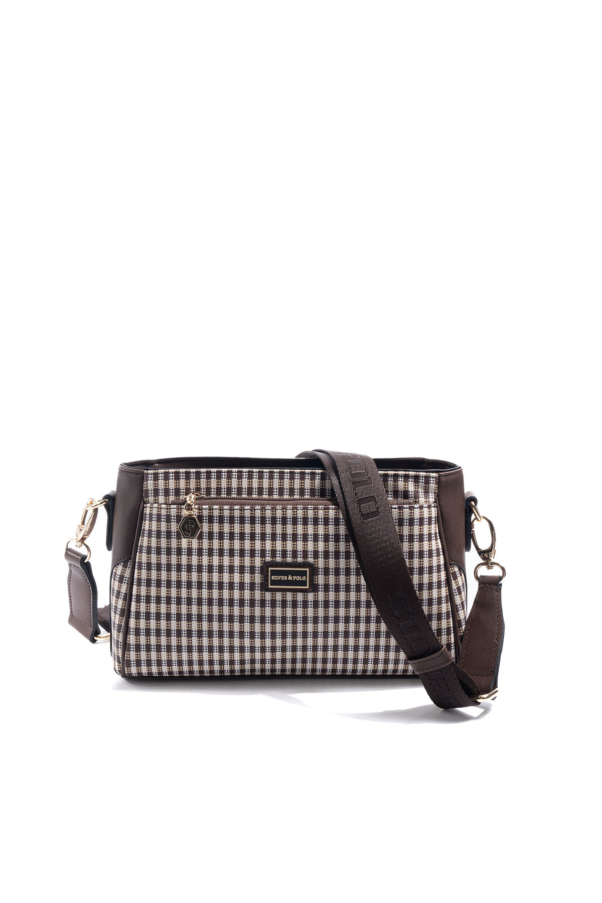 Silver & Polo SP1273 Kadın Çapraz Çanta Ekose Line Kare Kahve Sarı-Kahve
