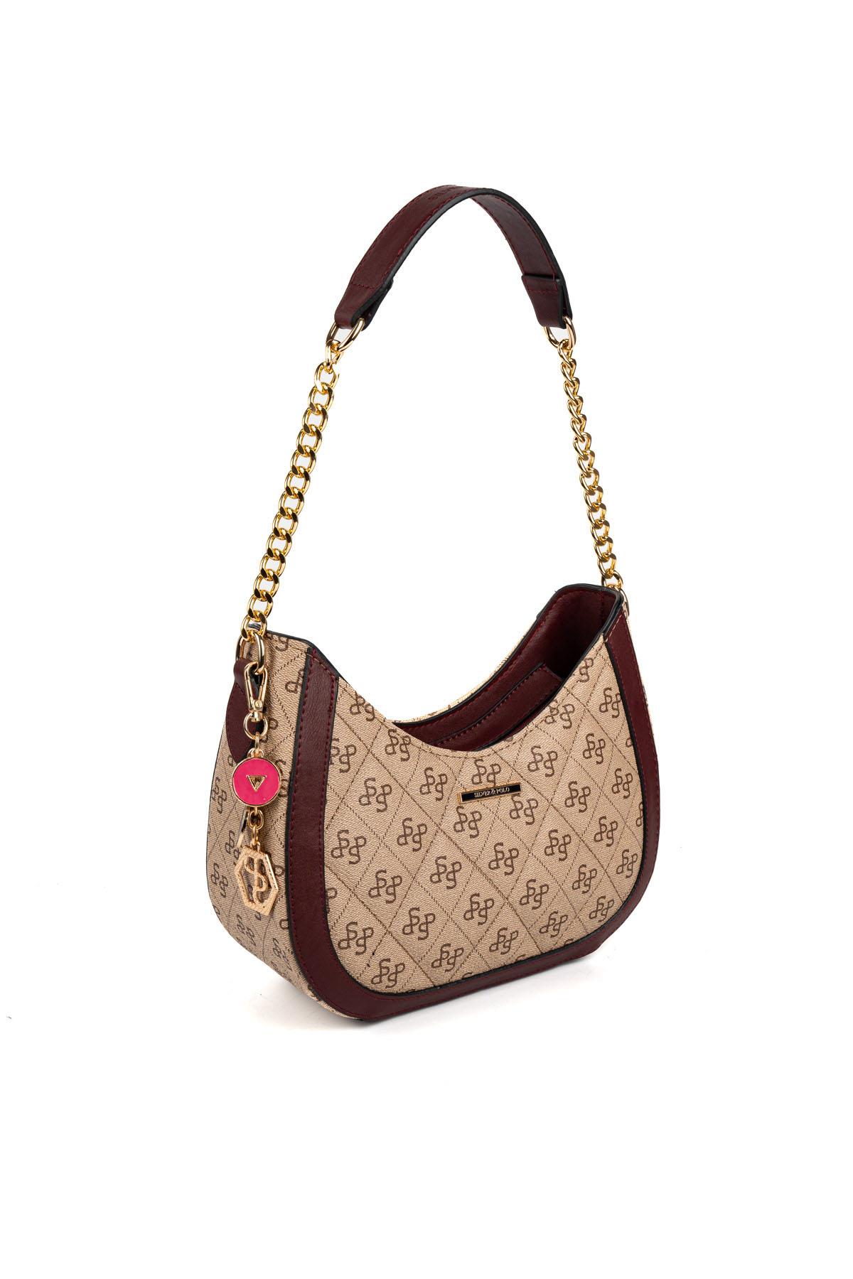 Silver Polo Koyu Bej - Bordo Monogram Kadın Omuz Çantası SP1168