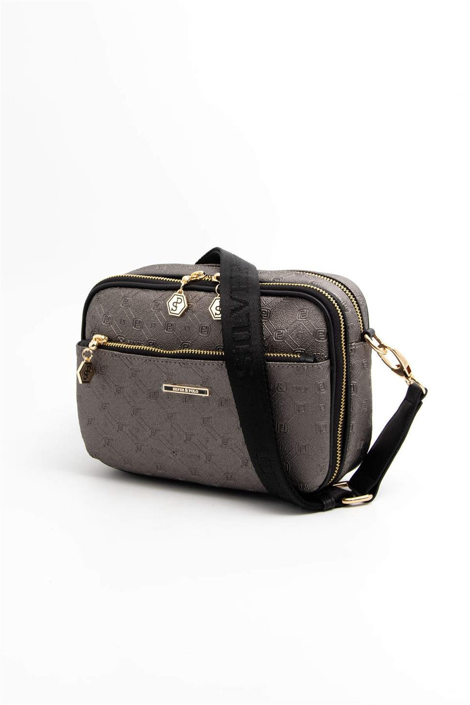 Silver & Polo SP1162 Kadın Çapraz Çanta Logolu Platin-Siyah