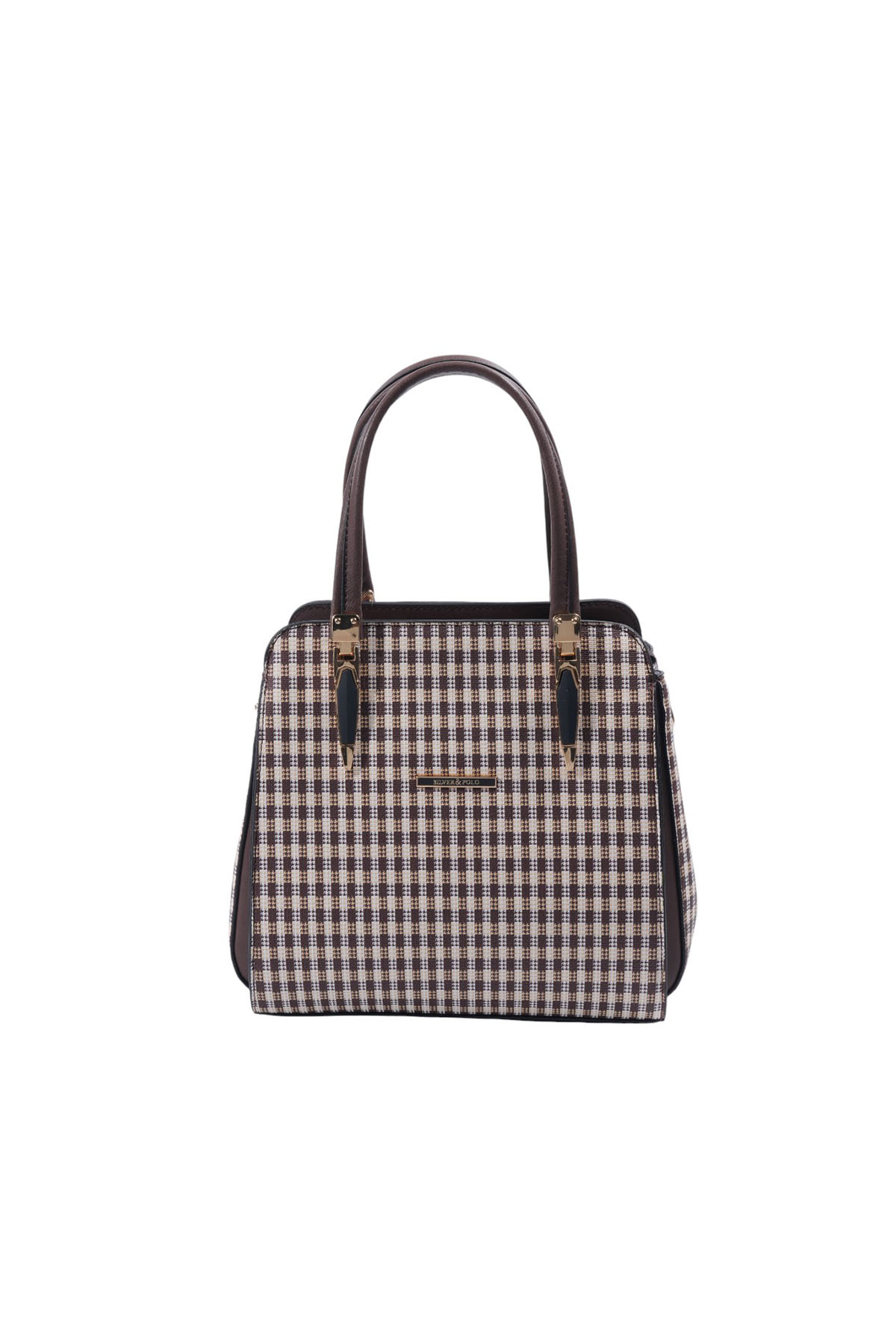 Silver Polo Kahve Sarı - Kahve Ekose Line Kare Kadın El Çantası SP1136